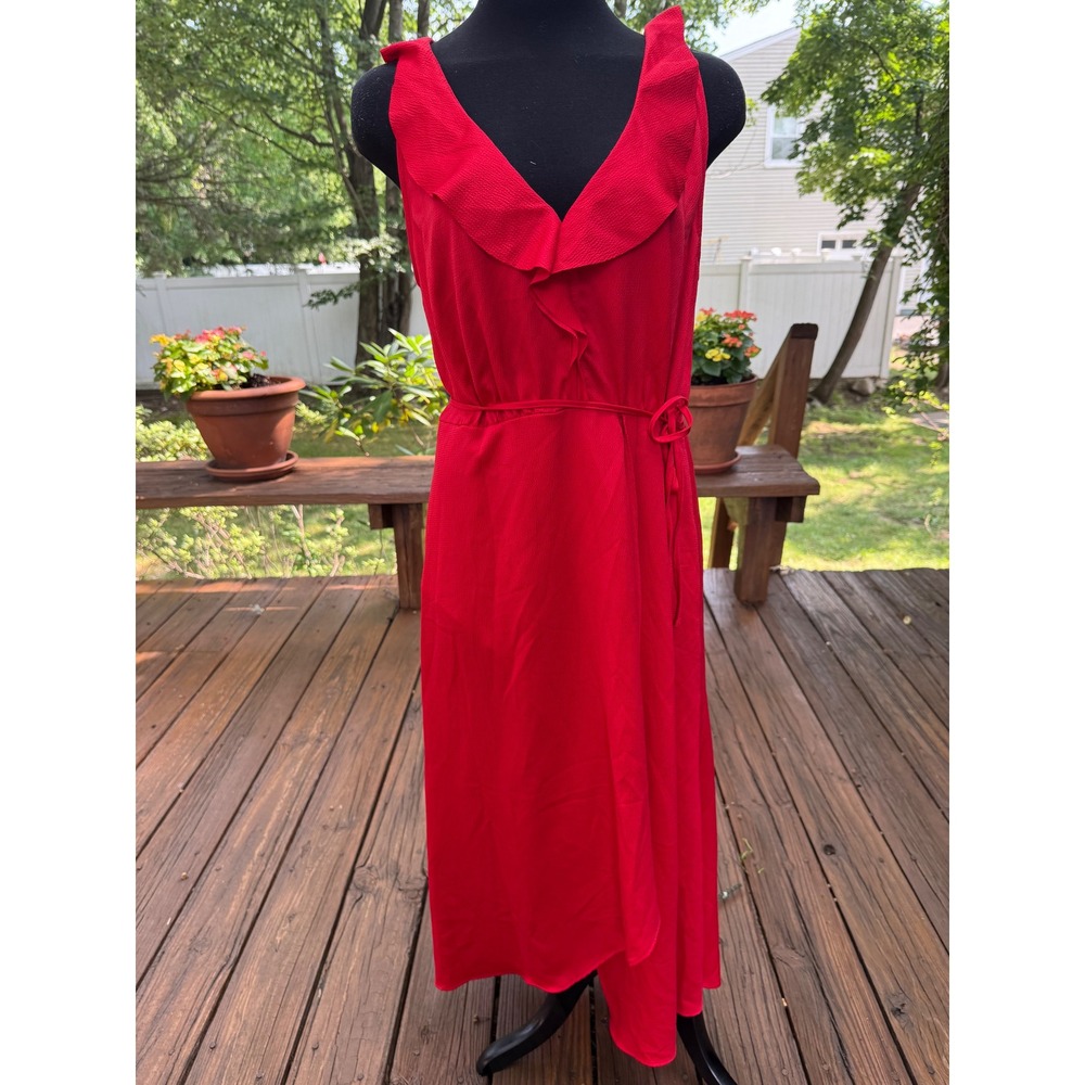French Connection Red Ruffle V-Neck High-Low Midi Wrap Dress 71JGS Size 12 NEW‎
